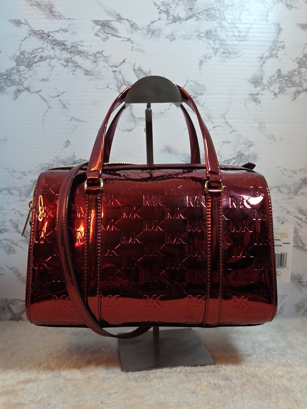 MICHAEL KORS Jet Set Medium Metallic Logo Debossed Duffle/Satchel Cherry NWT - Picture 6 of 10